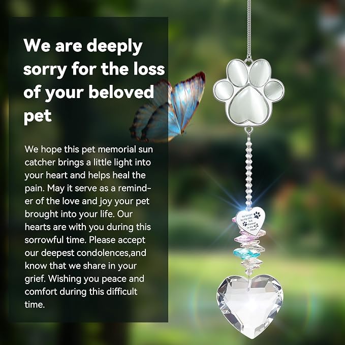 Dog Memorial Gifts, Pet Memorial Suncatcher, Loss of Dog Sympathy Gift | Thoughtful Dogs and Cats Bereavement Remembrance Gifts, Natural Cat's Eye Stone Paw Crystal Suncatcher