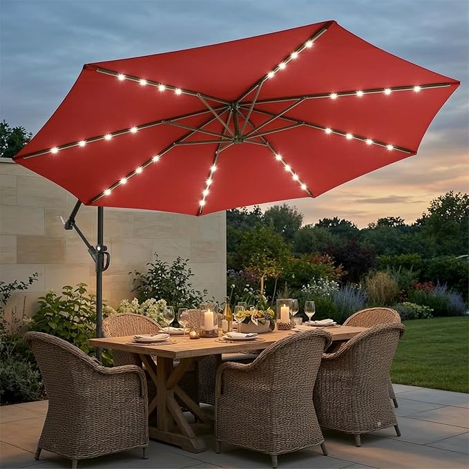 wikiwiki 10ft Solar LED Offset Patio Umbrella, Outdoor Cantilever Patio Umbrellas with Solor Lights for Backyard, Poolside and Garden, Easy Tilt Adjustment, Polyester Shade, Bright Red