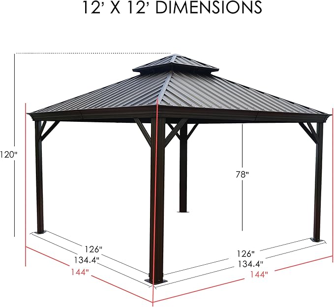 Kozyard Alexander 12' x 12' Hardtop Gazebo, Aluminum Frame with Galvanized Steel Double Roof, Outdoor Permanent Pavilion with Curtains and Netting for Patio, Backyard, Deck, Lawn(Brown)
