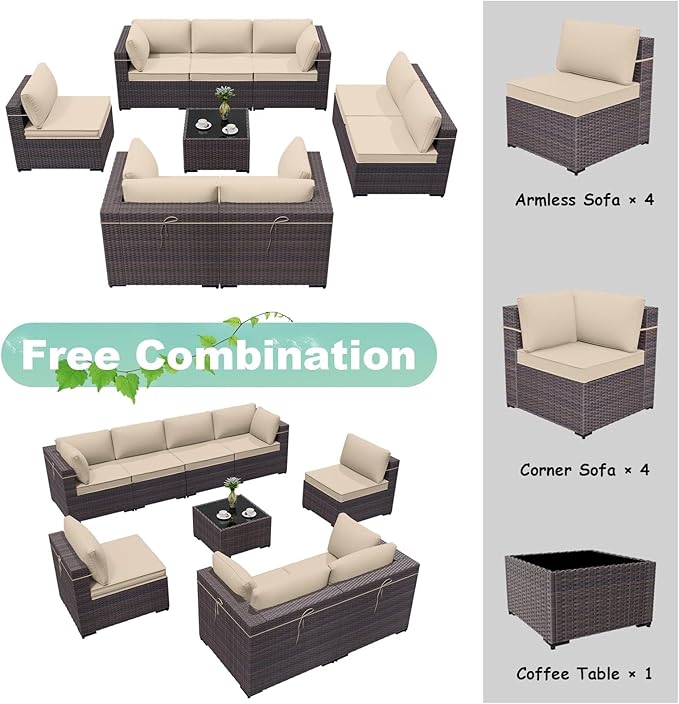 ALAULM 9 Pieces Patio Furniture Set Wicker Patio Conversation Set with 4 Corner Sofas, Outdoor Sectional Furniture w/Coffee Table & Washable Seat Cushions-Sand