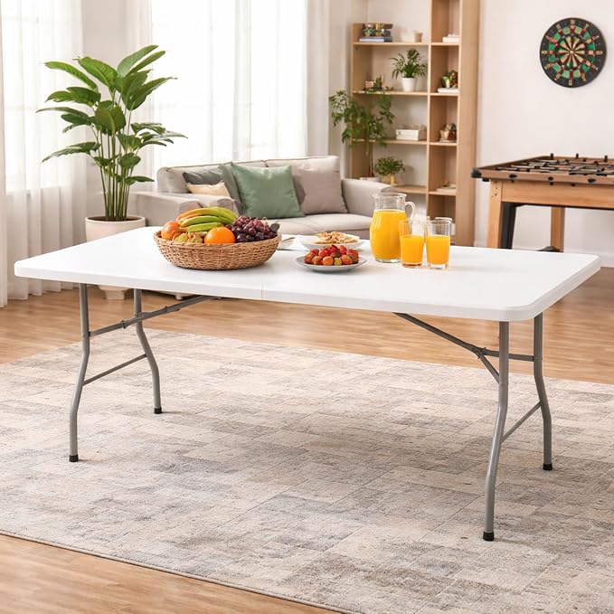6FT Plastic Folding Table - Portable Picnic Table for Camping, Party, Wedding & Picnic - Outdoor Folding Table with Lock and Handle