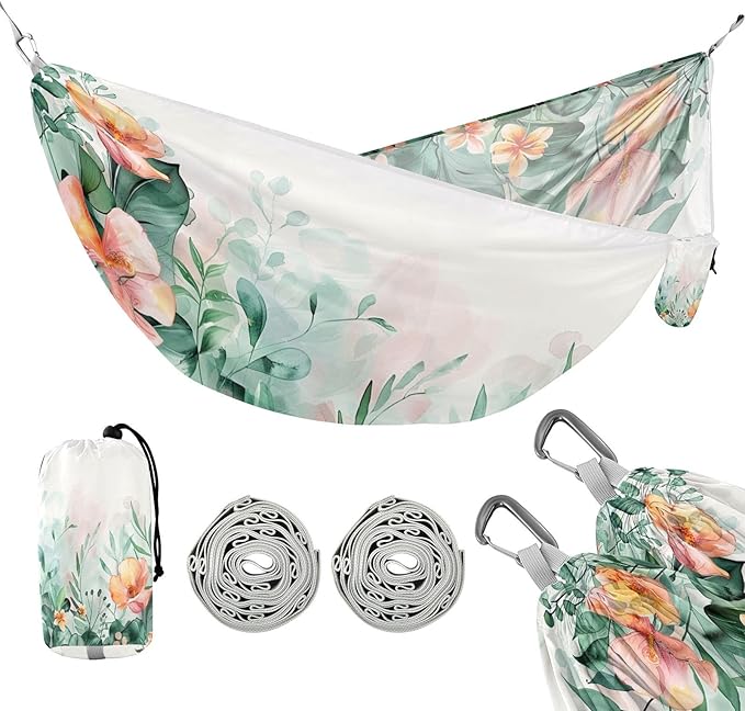 Qilmy Flower Camping Hammock Single – 330 lbs Capacity, Lightweight with Tree Straps & Carabiners, Portable for Hiking, Travel, Backpacking