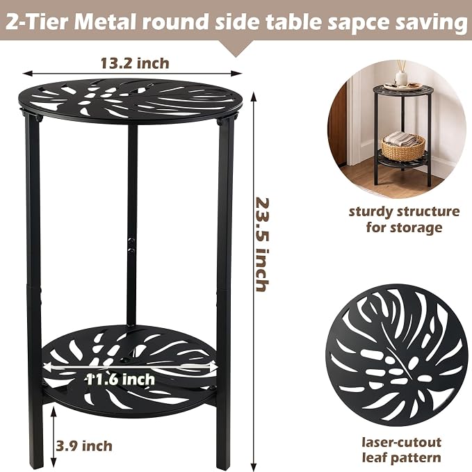 2-Tier Metal Round Side Table Black Accent Coffee Tables Small Space Corner Plant Stand Shelf for Indoor Outdoor Use Patio Balcony End Table Laser-Cut Monstera Leaf Weather-Resistant