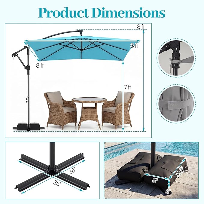 Tangkula 8x8 FT Patio Umbrella with Base Included, Square Offset Cantilever Outdoor Umbrella with 360 Degree Rotation, Crank Handle, Sandbags, 8 Ribs for Pool Deck Garden Backyard