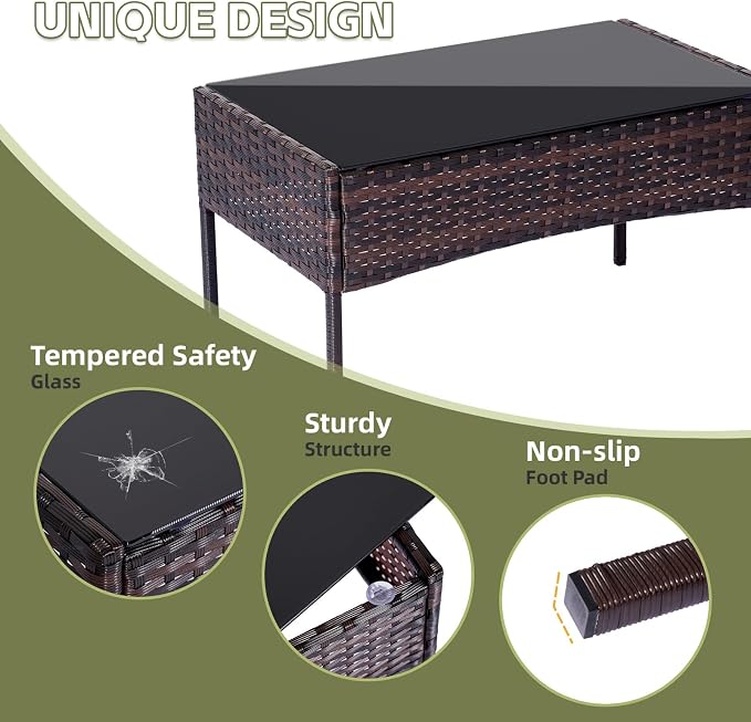 Patio Furniture Set 4 Pieces, Outdoor Rattan Furniture with Tempered Glass Coffee Table, Modern Rattan Patio Chairs Conversation Sets with Sofa for Garden, Terrace, Porch, Lawns Brown/Beige