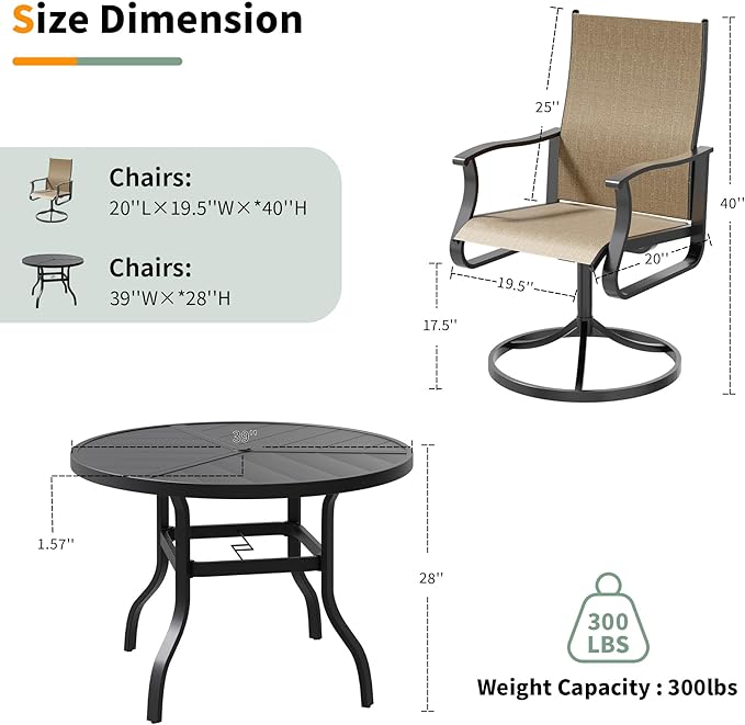 UDPATIO 5 Piece Outdoor Patio Table and Chairs Set with 39" Round Table & 4 Outdoor Swivel Rocker Patio Chairs All Weather Textilene, Patio Table with Chairs, Outdoor Patio Dining Set for Backyard