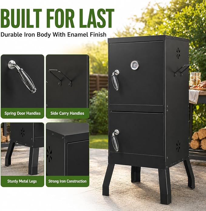 Vertical Charcoal Smoker, 2-in-1 Smoker Grill, BBQ Smoker for Meat, Outdoor Smoker for Backyard Patio | Double Door Easy Access | 2 Cooking Racks, 4 Air Vents, Built-In Thermometer