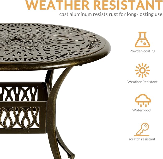 5-Piece Outdoor Patio Dining Set, All-Weather Cast Aluminum Patio Furniture Set for Backyard Garden Deck with 4 Chairs, 4 Cushions and 35.4" Round Table, 2" Umbrella Hole, Red