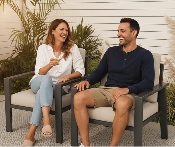 Outdoor Sofa Chair Aluminum Patio Couch Set of 2 All-Weather Patio Sofa Armchair Furniture Set Chairs with Beige Cushions