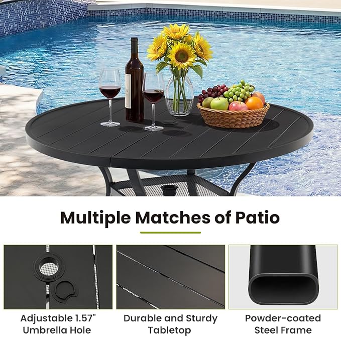 47.2 Inch Outdoor Dining Table for 6 – E-Coating Metal Round Patio Table with Adjustable 1.57" Umbrella Hole, All-Weather Table for Porch, Garden, Backyard, Poolside, Lawn