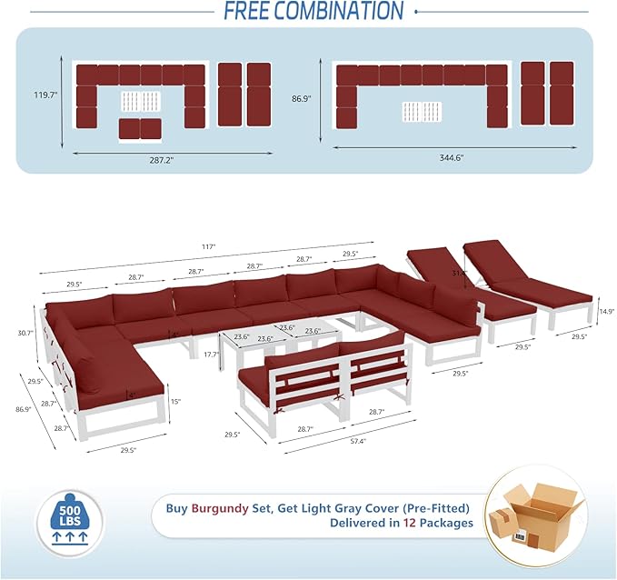 NICESOUL 16 Piece Modern Aluminum Outdoor Patio Furniture Set with Chaise & Coffee Table, Extra Large All-Weather Modular Sectional Couch, 29" Wide Deep Seating Conversation Sofa for Poolside, Red