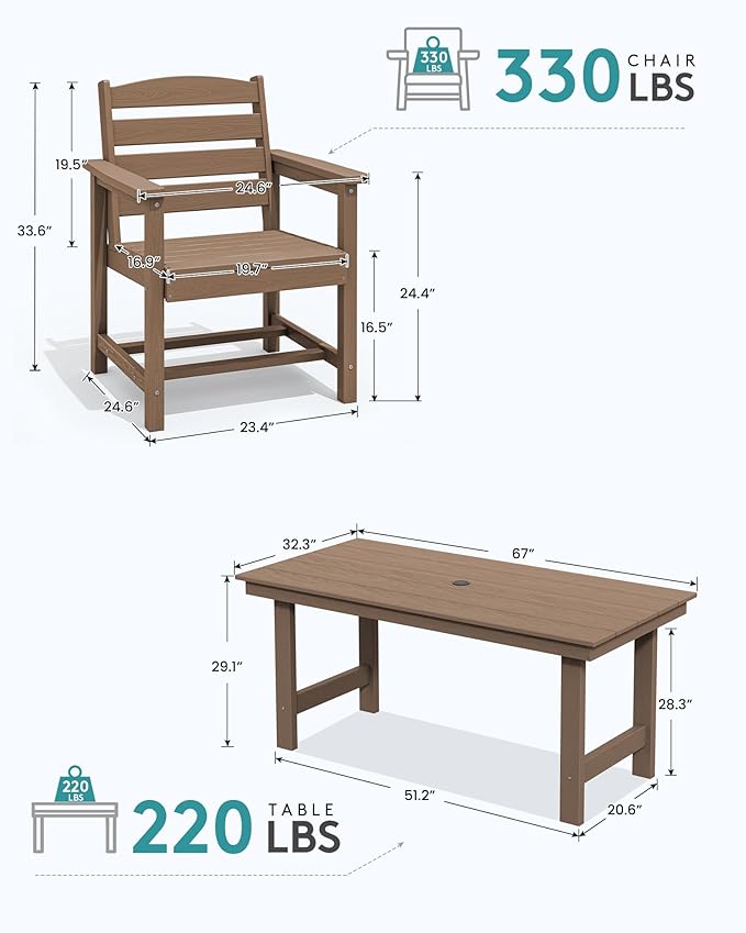 SERWALL 6 Pcs HDPE Dining Set, Includes 1 Table, 1 Bench & 4 Chairs, Brown | Outdoor Dining Set with Bench, All-Weather Resistant SERWALL Dining Set for patio