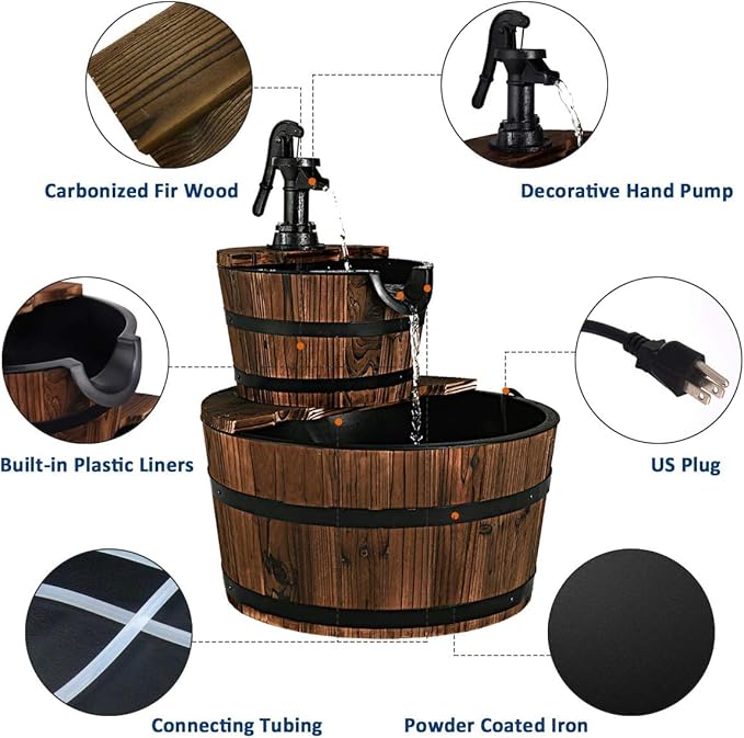 Tangkula 2-Tier Water Fountain Outdoor, Rustic Wood Cascading Waterfall Fountain with Electric Pump, Outside Water Feature with Decorative Hand for Garden Patio Backyard (Fir Wood)