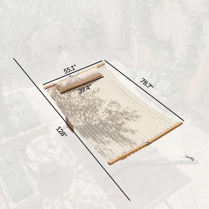 11FT Hammock Without Stand for Outside, Large Patio Hammock with Removable Headrest & Side Pocket, Two Person Hammock with Spreader Bars for Garden, Balconies, 440LBS Capacity (Cream White)