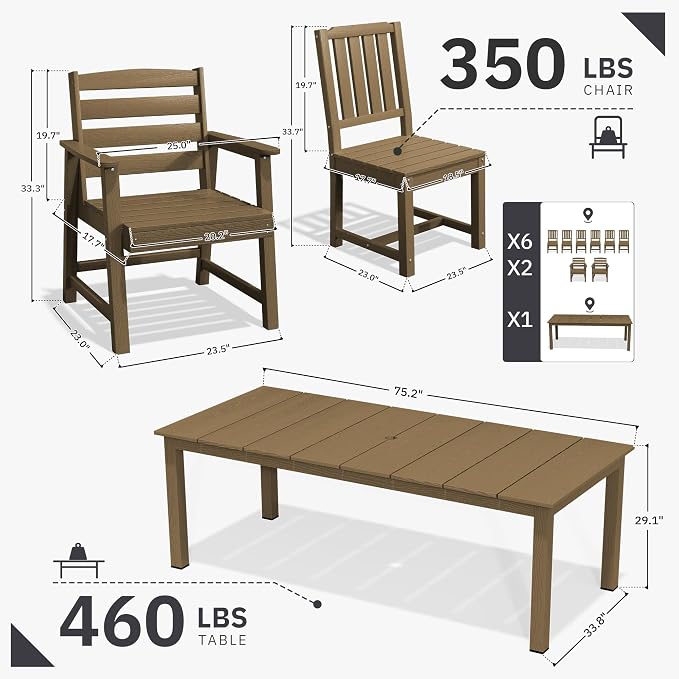 AreShark Patio Dining Chair Set of 2,All Weather HDPE Outdoor Dining Armchairs with Wide Seat and Backrest,Weatherproof Patio Chairs for Garden,Backyard,Deck,Brown