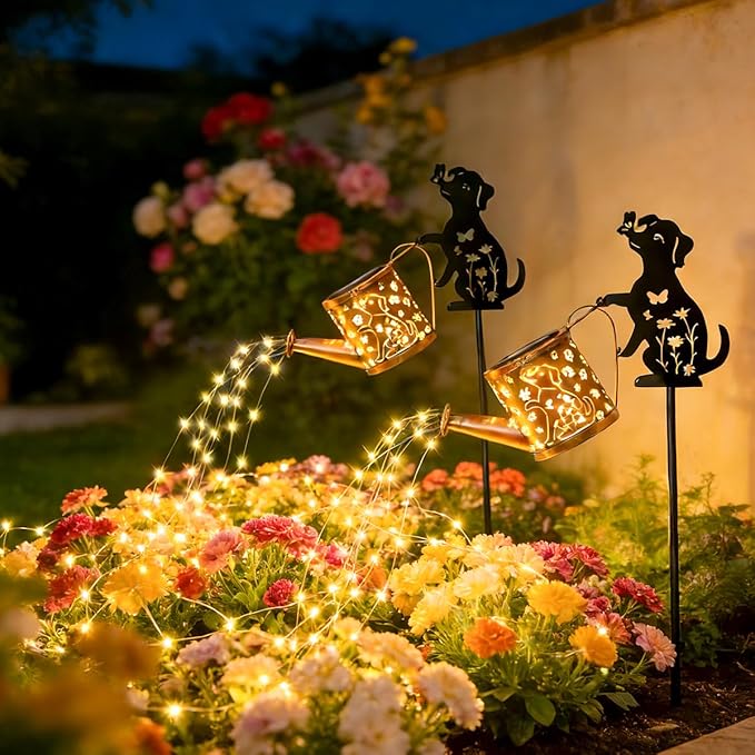 Solar Watering Can Lights for Outside, 2Pack Watering Can with Cascading Lights Shepherd's Hook, Gardening Gifts for Women, Yard Decoration Outdoor and Garden Backyard