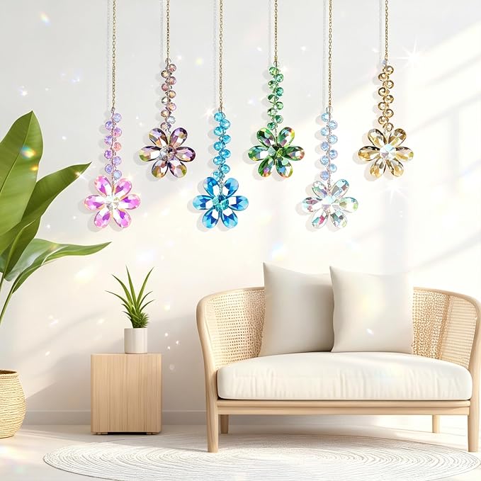 6pcs Crystal Flower Suncatchers Hanging Ornaments, Rainbow Maker Sun Catchers Indoor Window Outdoor Patio Garden Decor Gifts