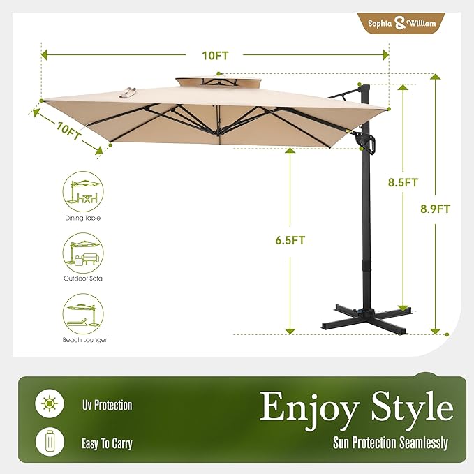 Sophia & William Cantilever Patio Umbrella 10ft, Offset Large Square Outdoor Umbrellas with 360-degree Rotation, Heavy Duty Windproof for Garden Pool Backyard, Beige (no base)