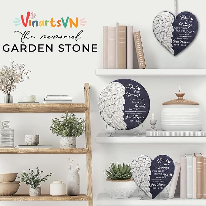 Custom Memorial Garden Stone for Loss of Loved One, Angel Wing Garden Stones in Memory of Dad Mom, Sympathy Gift Fathers Day, Weatherproof Outdoor Memorial Plaque Stones, Remembrance Natural Stone