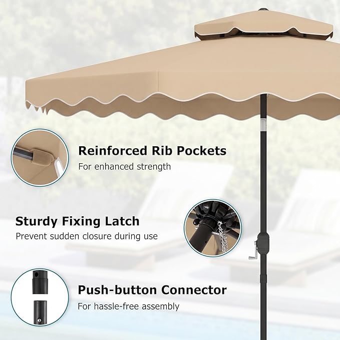Happygrill 10 FT Patio Umbrella, Scalloped Outdoor Table Market Umbrella with Push Button Tilt & Crank, 2-Tier Vented Top, Heavy-Duty 8 Metal Ribs, Sun-Protective Canopy, Ruffle for Deck Pool Garden (Beige)