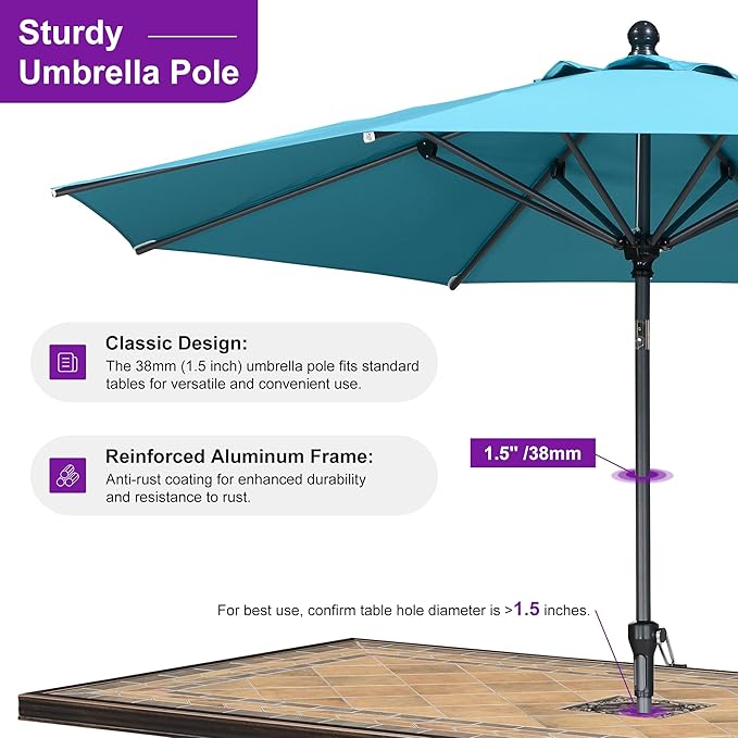PURPLE LEAF 10' Round Patio Umbrella Outdoor Table Umbrella Aluminum Frame Market Umbrella Sun Umbrella with 8 Sturdy Ribs Tilt for Garden Deck Lawn Pool Turquoise Blue