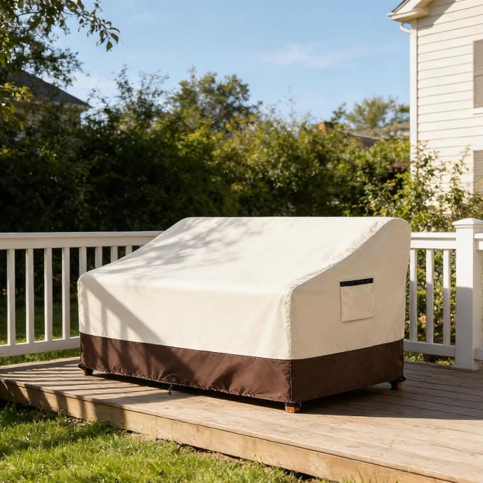 2-Seater Patio Sofa Cover, 600D Heavy Duty Waterproof Outdoor Sofa Covers, 58 W x 32.5 D x 31 H Inches Outdoor Couch Cover, Patio Furniture Covers, Lvory&Brown