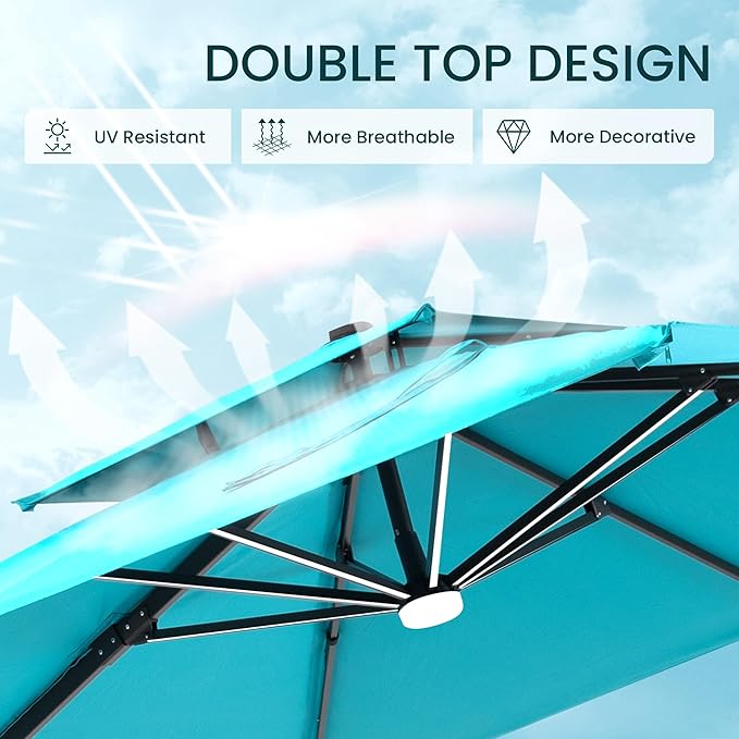 10x10 FT Cantilever Patio Umbrella with Base and Led Lights Double Top Outdoor Square Large Heavy Duty Aluminum Offset Umbrellas with 7 Level Tilt 360-degree Rotation for Pool Garden Deck, Turquoise
