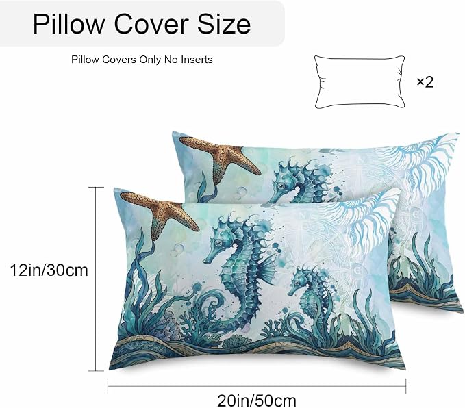 Ocean Seahorses Outdoor Pillow Covers 20x12 Inch Lumbar Pillow Covers Set of 2 Waterproof Decorative Throw Pillow Cases Coastal Animals Seaweed Strafish Compass Blue Cushion Covers for Patio Furniture
