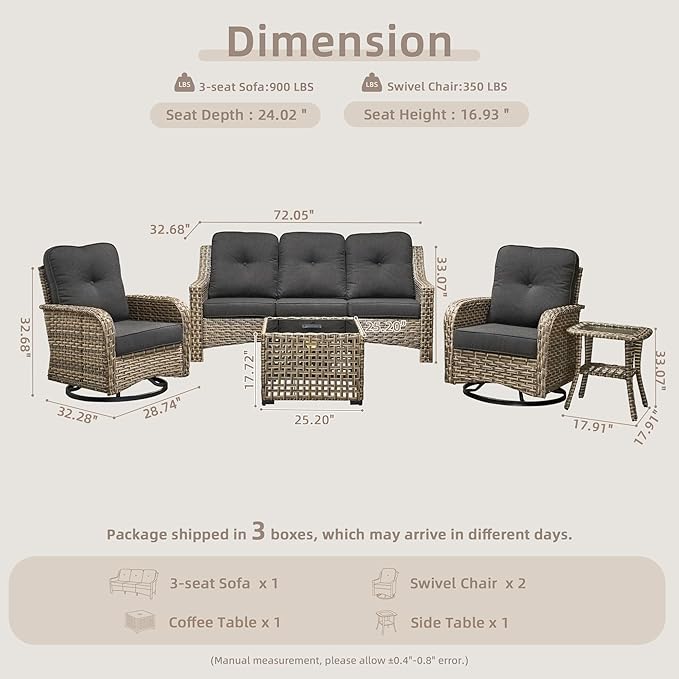 Outdoor Patio Furniture Set, 5-Piece PE Wicker Sofa with Shiny Table and Swivel Chairs, Outdoor Conversation Set for Patio, Garden, Backyard Black