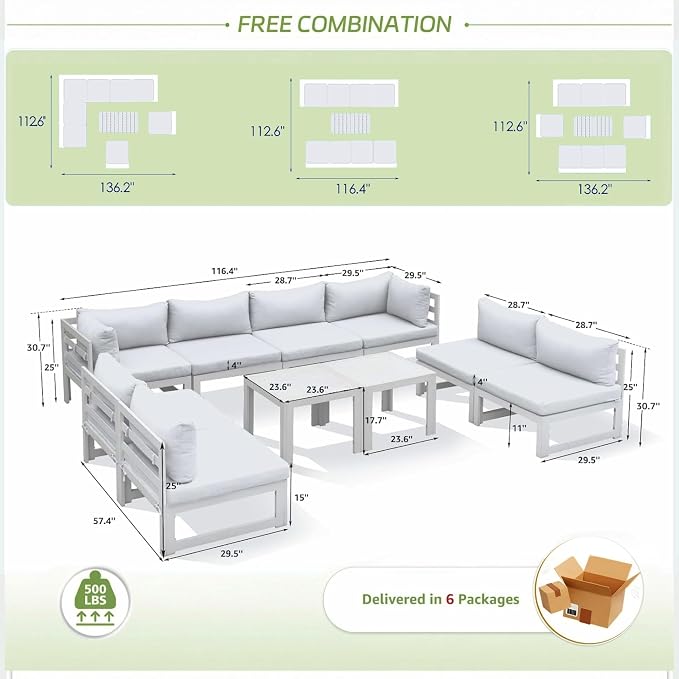 RADIATA 8 Person Modern Aluminum Outdoor Patio Furniture Set, 29 inch Wide Deep Seating, All-Weather Anti-Rust L Shaped Modular Sectional Couch, Large Comfy Conversation Set for Backyard Lawn, White