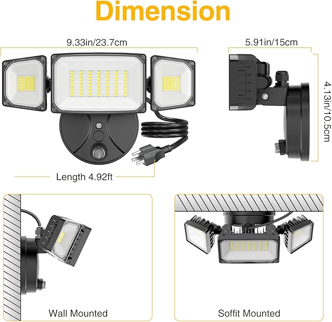 Onforu 80W Dusk to Dawn Outdoor Lighting,Plug in LED Flood Lights,Black Outdoor Lights with Remote,8000LM Security Light,IP66 Waterproof Lighting,2Modes 3 Adjustable Heads Light for Garage Yard
