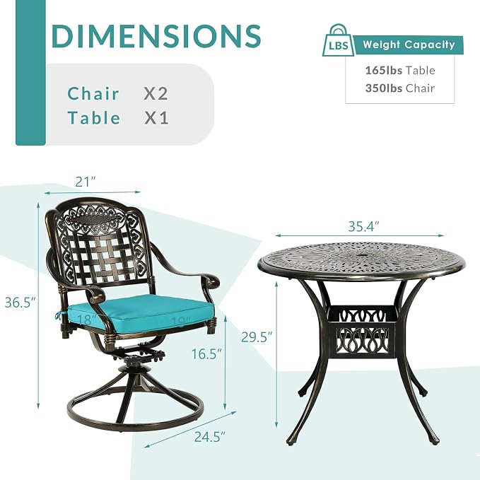 MEETWARM 3-Piece Outdoor Patio Dining Set, All-Weather Cast Aluminum Patio Conversation Set, 2 Cushions Swivel Rocker Chairs and 35.4" Round Table for Backyard Garden Deck, Umbrella Hole, Ocean Blue
