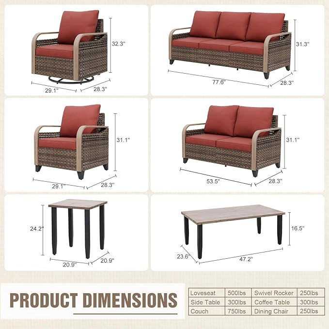 Modern Wicker Patio Furniture Set, Rattan Outdoor Conversation Set， 2 Patio Chairs, 2 Swivel Rocking Chairs, 3 Seat Couch, Loveseat, Coffee Table and Side Table, 8 Pieces, Brown/Red