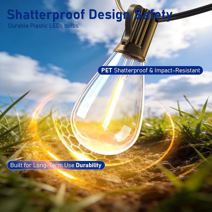 200FT Outdoor String Lights with Remote & Dimmable, 72+2 Shatterproof Waterproof Bulbs, Dimmable Outside Hanging Patio Lights for Backyard, Porch, Deck, Garden 2200K Warm White