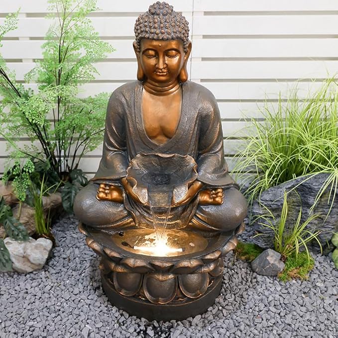 Tankana 45" Zen Buddha Water Fountain Outdoor with LED Light Large Indoor Waterfall Fountains for Patio Garden Balcony Backyard Relaxing Decorative Water Feature，Gold