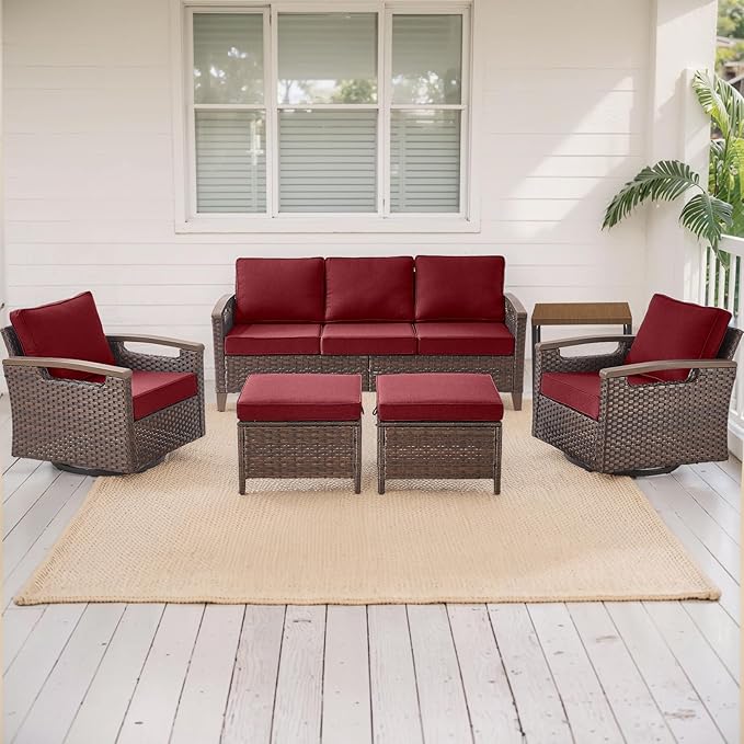 Rilyson Wicker Outdoor Patio Furniture Set - 6 Piece Patio Conversation Sets with Swivel Rocker Chairs, Sofa, Ottomans and Side Table, Thick Cushions, Waterproof Wicker, for Porch Deck Brown/Red