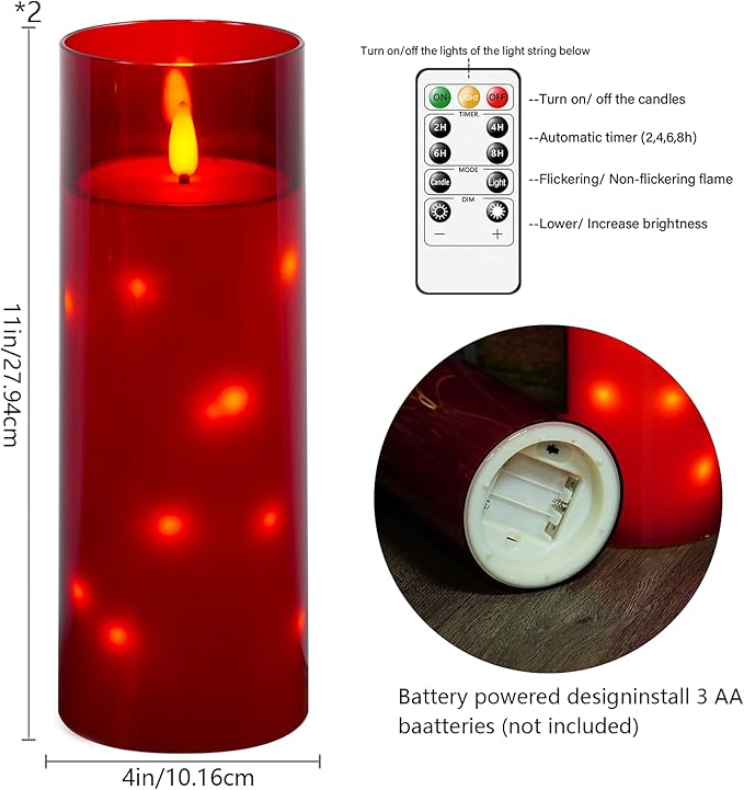 kakoya 11" x 4" Large Outdoor Waterproof Flameless LED Candles with Remote and Timer,Acrylic Pillar Candles Battery Operated with Embedded Star String for Porch,Patio,Outdoor Decor,Set of 2(Red)