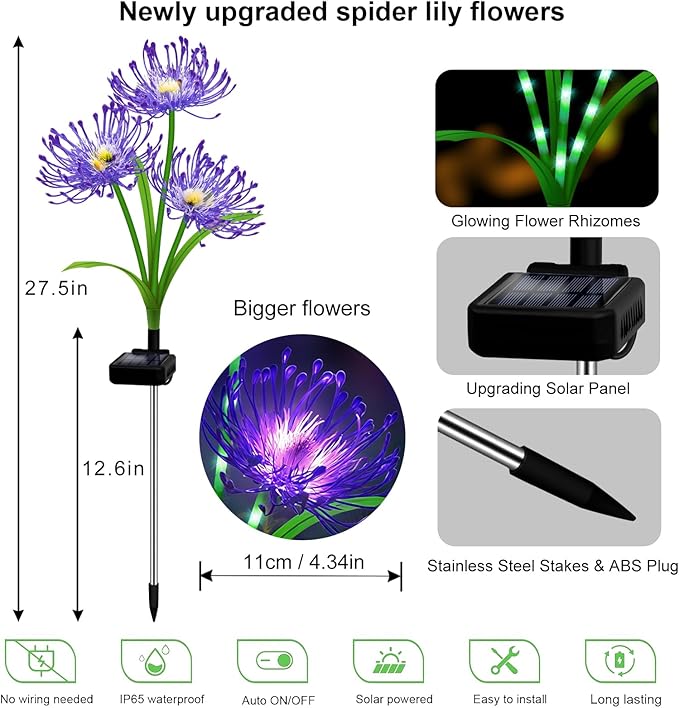Solar Garden Flower Lights Outdoor, 6 Pack Purple Spider Lily Solar Lights with Glowing Stems, IP65 Waterproof LED Yard Decor for Patio Lawn Pathway,Gifts for Women Mom Grandma