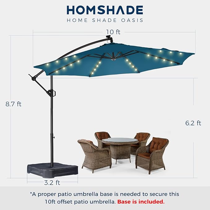 HOMSHADE 10ft Solar Lights Offset Cantilever Patio Umbrella - with Light and Base, LED Lighted Offset Hanging Patio Outdoor Market Umbrella UPF50+ UV Protection with Easy Tilt and Crank (Peacock Blue)