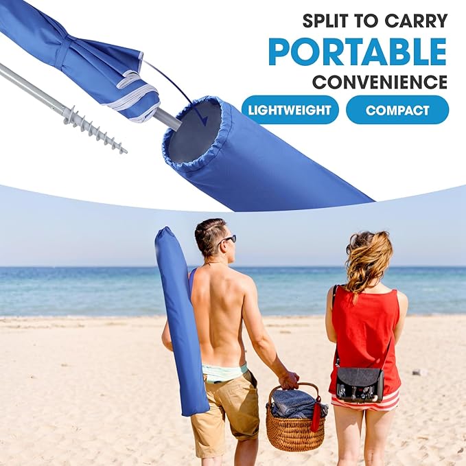 wikiwiki 7ft Beach Umbrella with Sand Anchor & Tilt, UPF 50+ Protection Beach Umbrellas for Sand, with Carry Bag and Hook, for Patio Garden Pool, Dark Blue