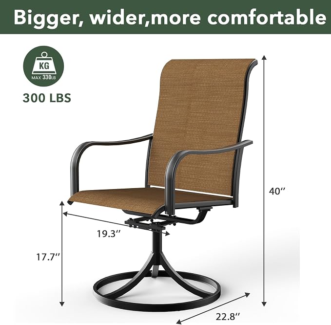 5 Piece Patio Brown Yellow Swivel Chairs & 41" Round Table Dining Set Sty2 | 41 inch Metal Round Table; 4 Piece Swivel Chairs: High Back, Curved Armrest, Textilene Fabric, Rocking; All Weather