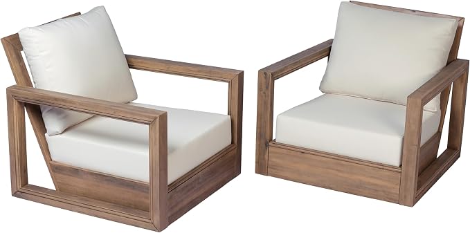 Christopher Knight Home 5-Piece Patio Furniture Set, Acacia Wood Outdoor Sofa Set with 3-Seater Couch, Loveseat, 2 Swivel Rocking Chairs & Coffee Table, Deep Seat Patio Conversation Set, Brown+Beige