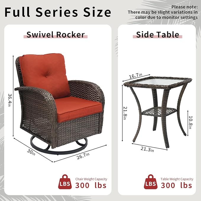 JJMGJOY Outdoor Swivel Rocker Patio Chairs 3 Pieces，Swivel Patio Chairs with Cushions，Outdoor Swivel Rocking Chairs Set of 2 with Rattan Side Table，Patio Furniture Set for Outside Porch Deck
