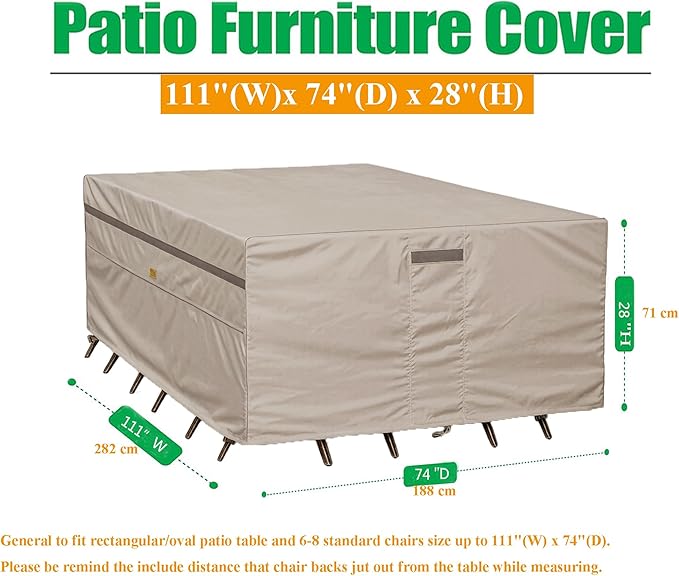 600D Heavy Duty Waterproof Patio Furniture Covers UV Resistant Rectangualr Outdoor Table and Chair Covers 111" Wx 74" D x 28" H Beige