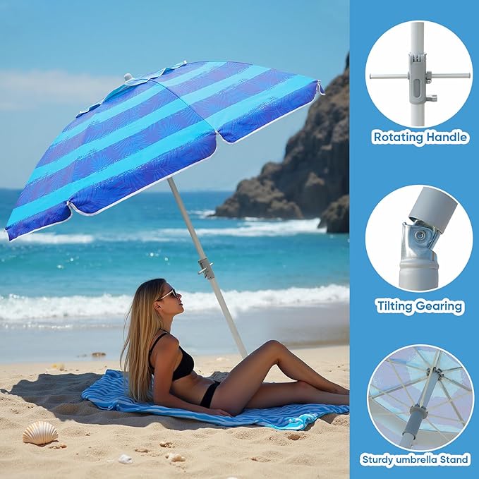 Beach Umbrella w/Sand Anchor & Tilt, Heavy Duty Wind Outdoor Umbrellas with Air Vents Design & Carry Bag, UV 50+ Protection Portable Sun Shade for Patio, Pool, Garden