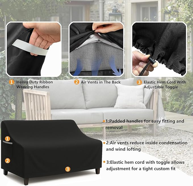 Waterproof Patio Loveseat Cover, 58.3W x 32.7D x 31H inches Heavy Duty 600D Weather-Resistant Outdoor Furniture Protector Black