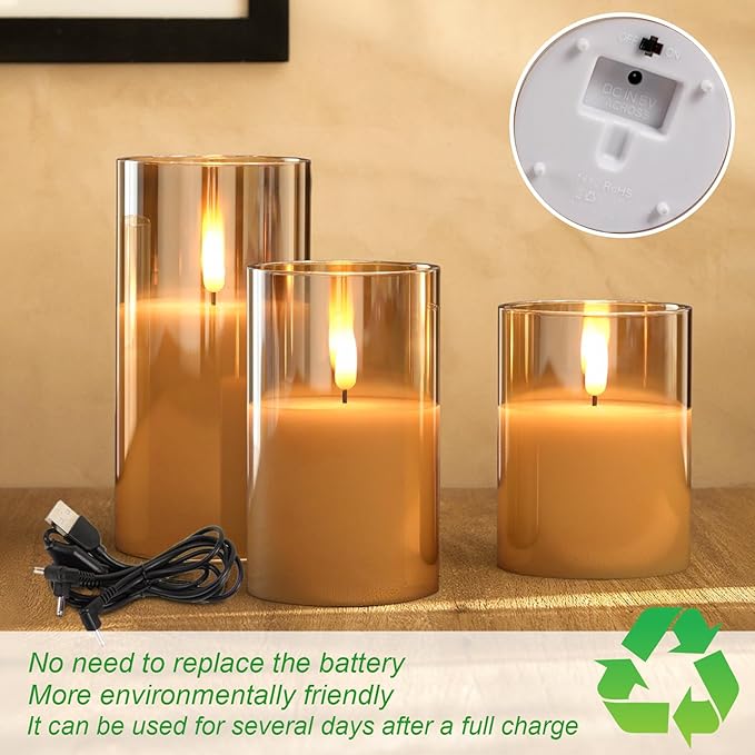 GenSwin Rechargeable LED Flameless Flickering Glass Candles with Remote Timer, Battery Operated Pillar Candles Long Lasting Gold Real Wax USB Candle (D 3”×H 4”5”6”)