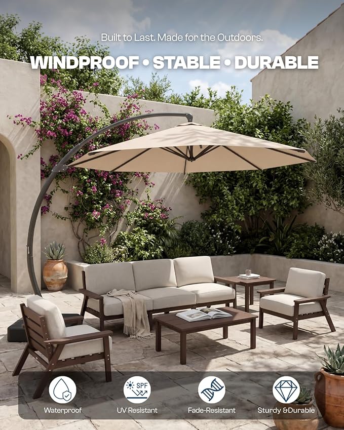12 FT Cantilever Umbrella with Base Included, Large Round 360° Rotation Offset Umbrella Outdoor Patio, Heavy Duty Aluminum Frame, Sand-Weighted Stand, for Deck, Backyard, Pool, Garden (Beige)