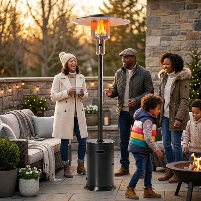 Outdoor Patio Heater, Propane Gas Standing Heater with Reflector Canopy, Black Hammered Finish