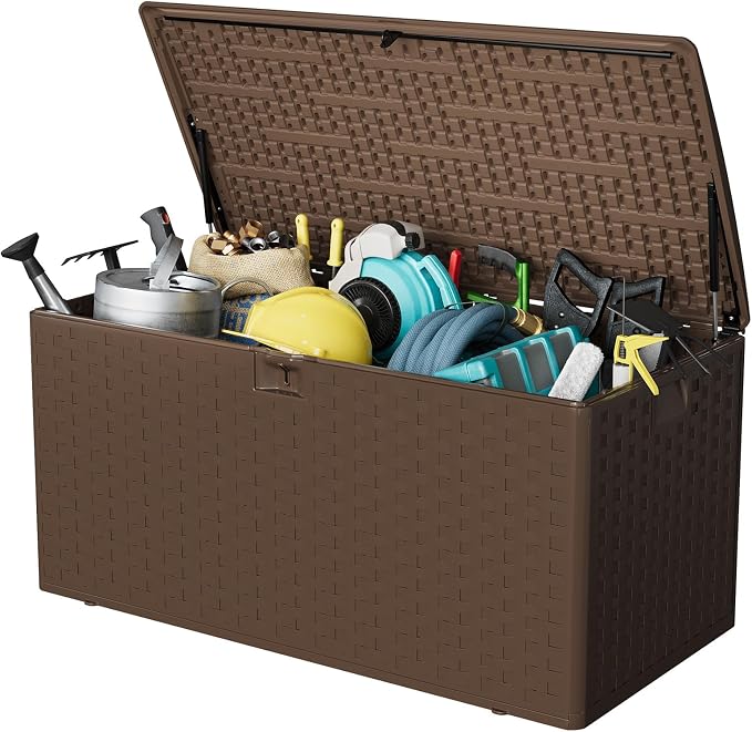 99 Gallon Large Outdoor Storage Box - Waterproof Resin Deck Box with Lockable Lid & Gas Struts, All-Weather Patio Storage Bench for Cushions, Pool Toys, Garden Tools, Rattan Texture, Brown